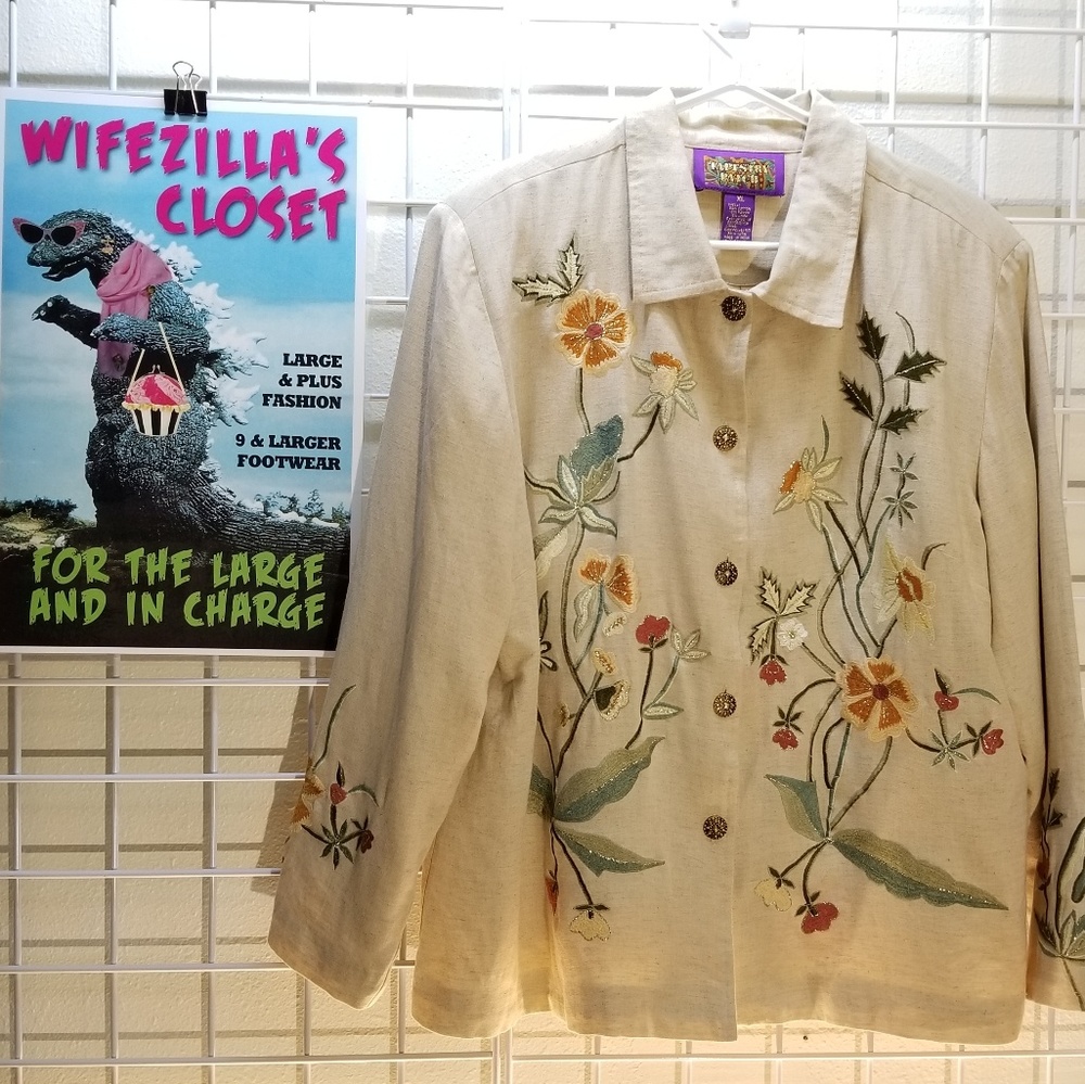 Tapestry Patch Embroidered Cotton/Linen Bld Blazer